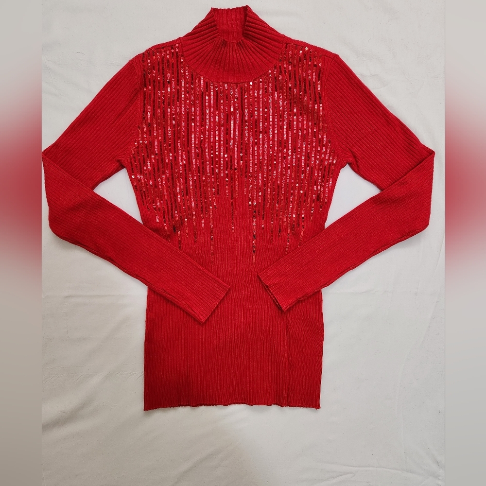 INC International Concepts Women's Mock Neck Drip Sequin Sweater Red Size XS - Picture 3 of 8